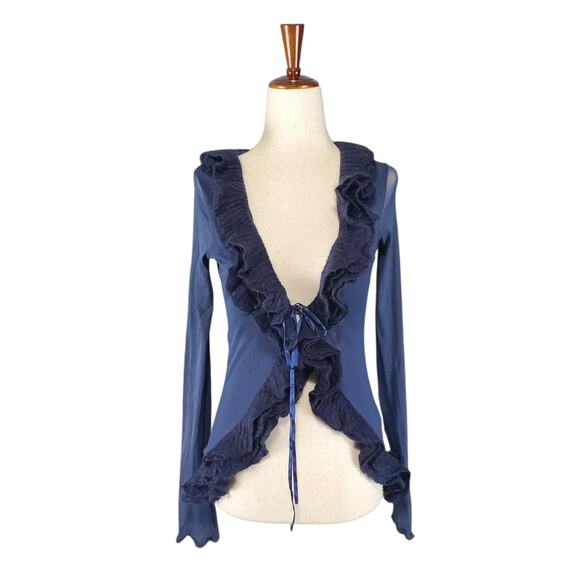 Y2k Euro Mesh Navy Blue Cardigan w/ Ruffle Front & Satin Bow - Small - Picture 1 of 8